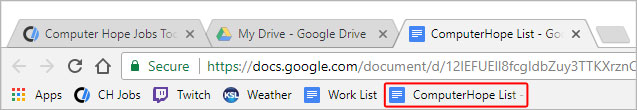 Example of the bookmarks bar in Google Chrome.