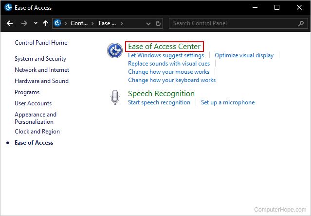 Opening the Ease of Access Center in Windows.
