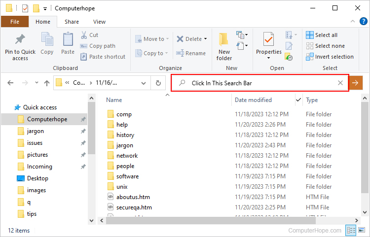 Search bar used to input the datemodified command in Windows Explorer.