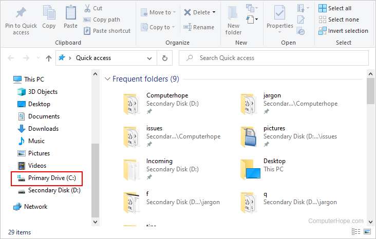 Choosing a drive or folder in Windows 10.