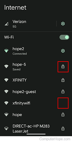 Closed and open Wi-Fi networks shown on an Android smartphone.