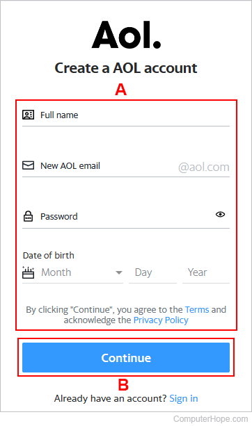 Page users enters their information to sign up for a Aol Mail account.