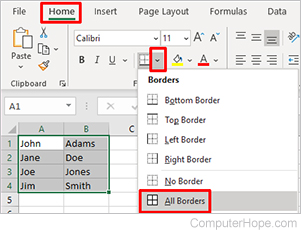 Excel All borders with data