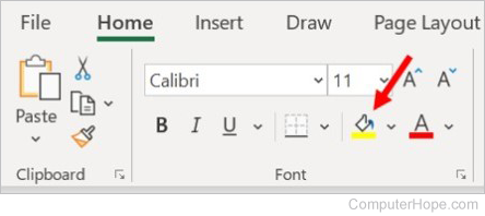 Microsoft Excel Home tab, Font section - Set background color