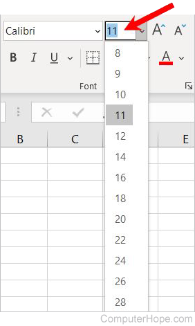 Microsoft Excel font size options