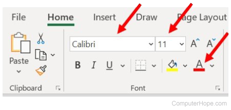 Microsoft Excel Home tab, Font section - Change font type, size, color