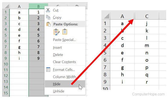 Hide column in Microsoft Excel.