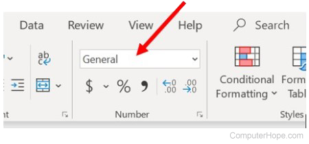 Microsoft Excel Home tab, Numbers section - Change data type