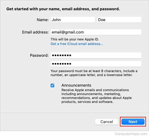 Creating an Apple ID in macOS.