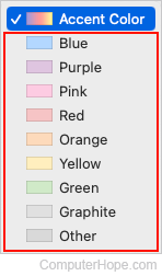Available highlight colors on Apple macOS.
