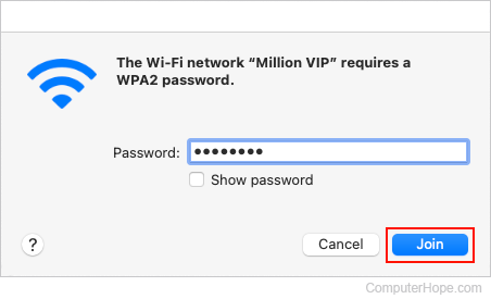 Entering the password for a Wi-Fi network in macOS.