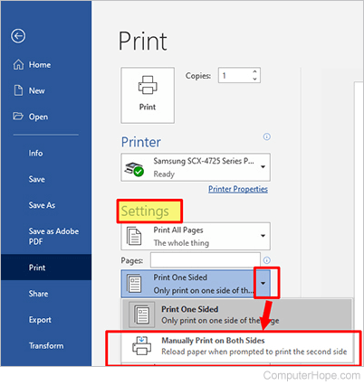 Microsoft Word printing double sided