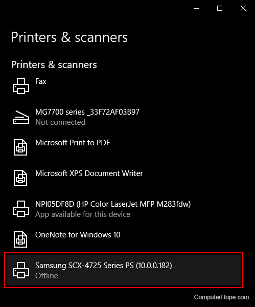 Selecting a printer or scanner in Windows.