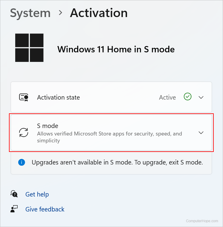 Selecting the S mode box in Windows 11.