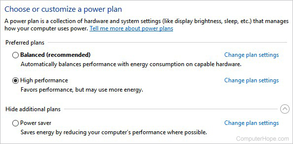 Windows power plan options