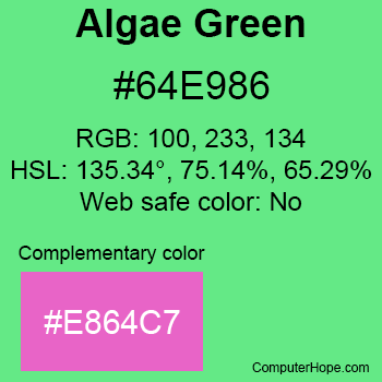 Example of Algae Green color or HTML color code #64E986 with complementary color #E864C7.