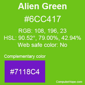 Example of Alien Green color or HTML color code #6CC417 with complementary color #7118C4.