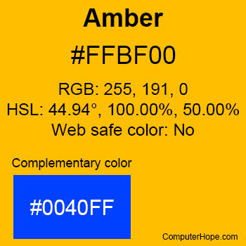 Example of Amber color or HTML color code #FFBF00 with complementary color #0040FF.
