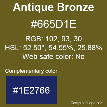 Example of Antique Bronze color or HTML color code #665D1E with complementary color #1E2766.