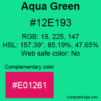 Example of Aqua Green color or HTML color code #12E193 with complementary color #E01261.