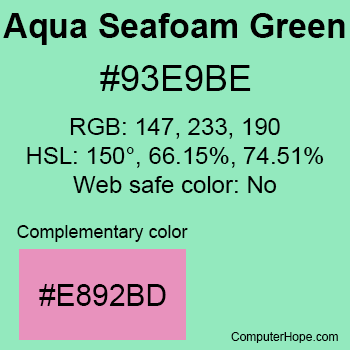 Example of Aqua Seafoam Green color or HTML color code #93E9BE with complementary color #E892BD.