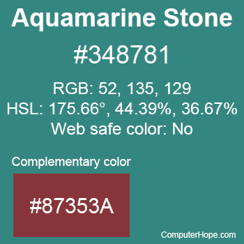 Example of Aquamarine Stone color or HTML color code #348781 with complementary color #87353A.