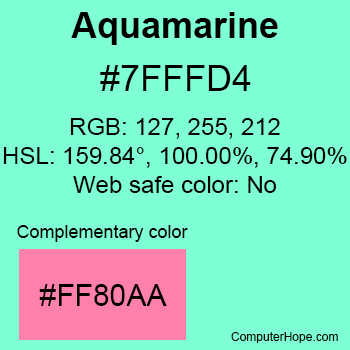 Example of Aquamarine color or HTML color code #7FFFD4 with complementary color #FF80AA.