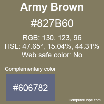 Example of Army Brown color or HTML color code #827B60 with complementary color #606782.