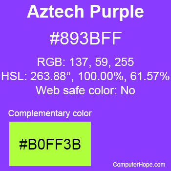 Example of Aztech Purple color or HTML color code #893BFF with complementary color #B0FF3B.