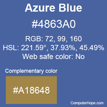 Example of Azure Blue color or HTML color code #4863A0 with complementary color #A18648.