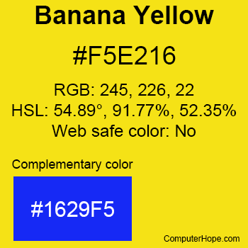 Example of Banana Yellow color or HTML color code #F5E216 with complementary color #1629F5.