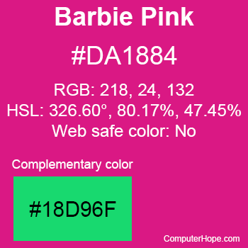 Example of Barbie Pink color or HTML color code #DA1884 with complementary color #18D96F.