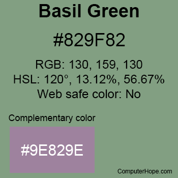 Example of Basil Green color or HTML color code #829F82 with complementary color #9E829E.