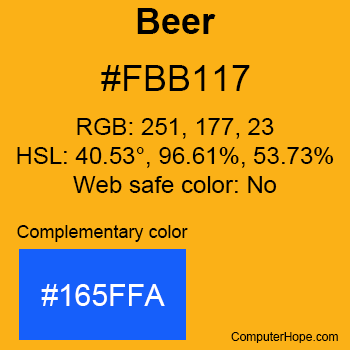Example of Beer color or HTML color code #FBB117 with complementary color #165FFA.