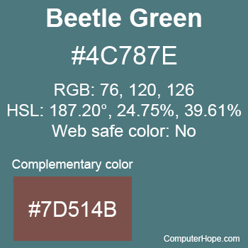 Example of Beetle Green color or HTML color code #4C787E with complementary color #7D514B.