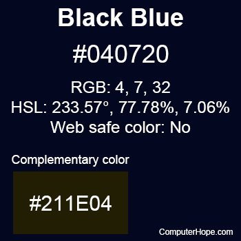 Example of Black Blue color or HTML color code #040720 with complementary color #211E04.