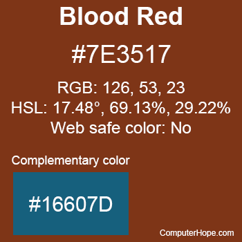Blood color with the HTML color code, RGB and HSL values, that it is not a web safe color, and its complementary color.