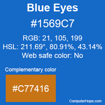 Example of Blue Eyes color or HTML color code #1569C7 with complementary color #C77416.