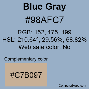 Example of Blue Gray color or HTML color code #98AFC7 with complementary color #C7B097.