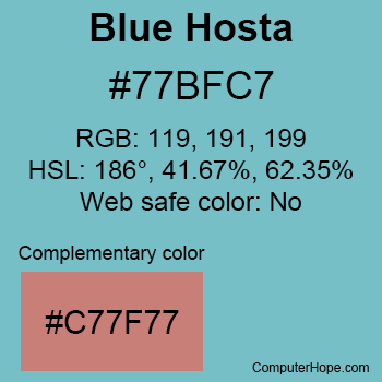 Example of Blue Hosta color or HTML color code #77BFC7 with complementary color #C77F77.