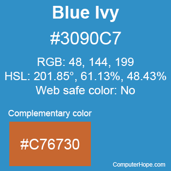 Example of Blue Ivy color or HTML color code #3090C7 with complementary color #C76730.