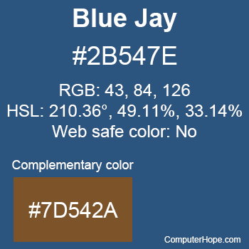 Example of Blue Jay color or HTML color code #2B547E with complementary color #7D542A.