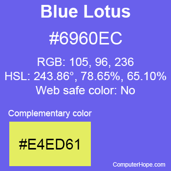 Example of Blue Lotus color or HTML color code #6960EC with complementary color #E4ED61.