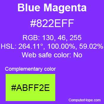 Example of Blue Magenta color or HTML color code #822EFF with complementary color #ABFF2E.