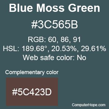 Example of Blue Moss Green color or HTML color code #3C565B with complementary color #5C423D.