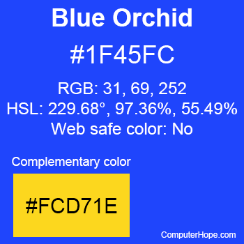 Example of Blue Orchid color or HTML color code #1F45FC with complementary color #FCD71E.