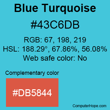 Example of Blue Turquoise color or HTML color code #43C6DB with complementary color #DB5844.