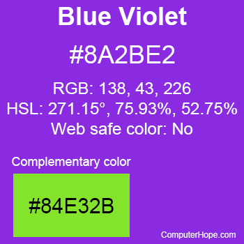 Example of BlueViolet color or HTML color code #8A2BE2 with complementary color #84E32B.