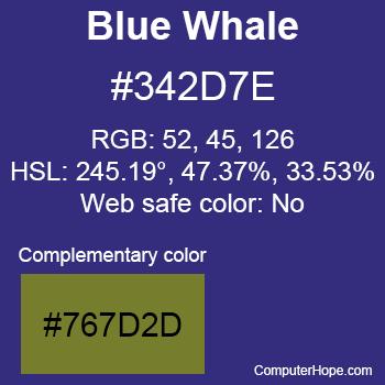 Example of Blue Whale color or HTML color code #342D7E with complementary color #767D2D.