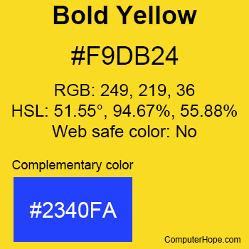 Example of Bold Yellow color or HTML color code #F9DB24 with complementary color #2340FA.
